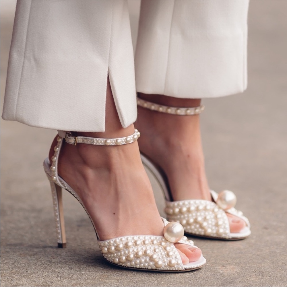 Like New Jimmy Choo Sacora 100 White Satin Sandals with All Over Pearls 38 - Picture 4 of 16
